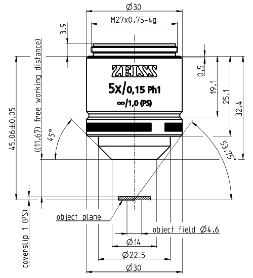 蔡司長工作距離物鏡Objective LD A-Plan 5x/0.15 Ph1 M27 蔡司長工作距離物鏡Objective LD A-Plan 5x/0.15 Ph1 M27